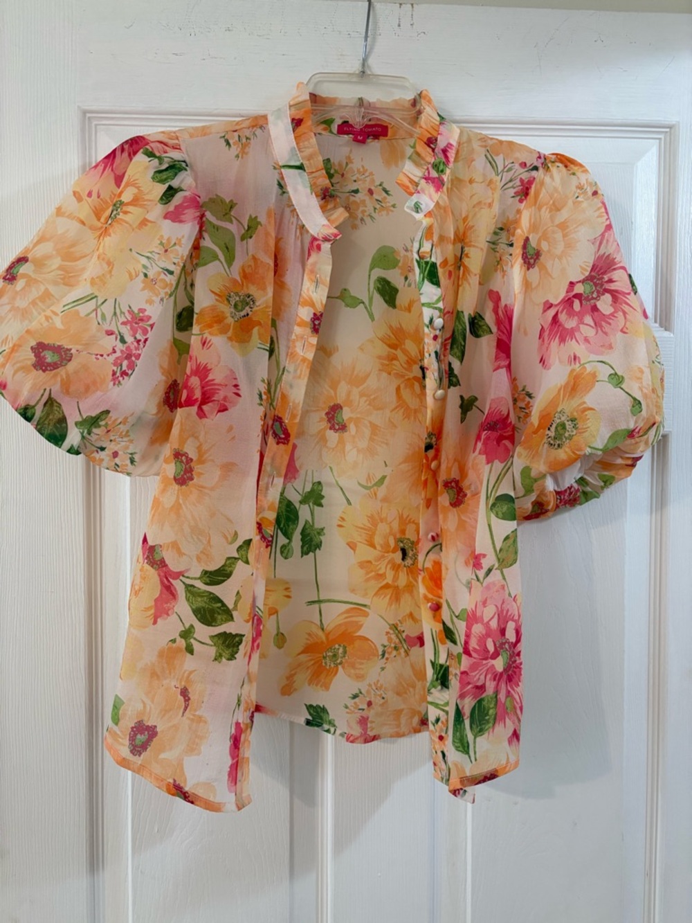 Flying Tomato Sheer Floral Puff-Sleeve Blouse - Yellow & Pink